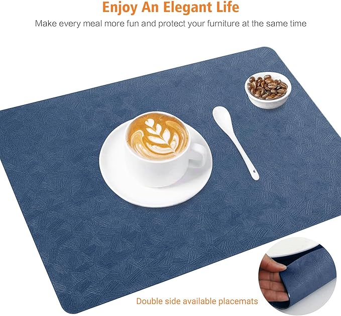 Vinyl Placemats Set of 4 Heat Resistant Easy Clean Non-Slip Place Mats for Dining Table Faux Leather Waterproof Stain Resistant Wipeable Washable PVC Table Mats(4, Blue)