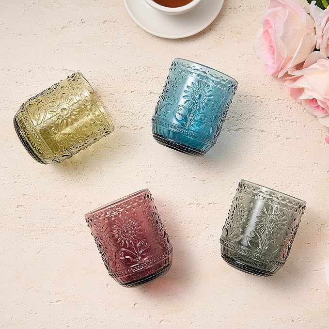 4 Pack 12 Oz Vintage Glassware Drinking Glasses Set, Embossed Floral Decorative Glassware Set for Whiskey, Beer, Juice, Wine（Multicolor）
