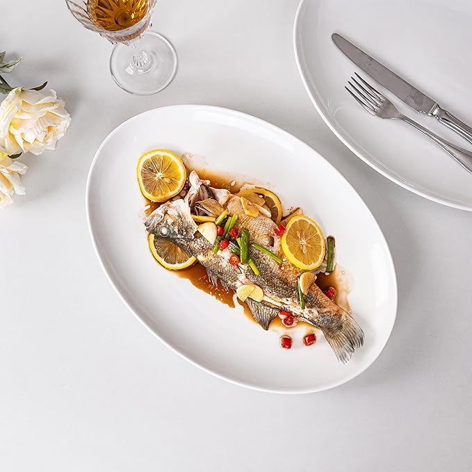 Serving Platters Set of 2 – 14 Inch Oval White Serving Platters, Large Porcelain Serving Platter Set for Party, Appetizers, Charcuterie, Sushi & Dessert, Microwave & Dishwasher Safe