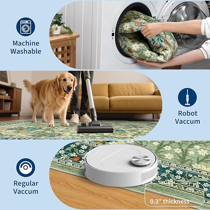 GarveeHome Washable Rug for Living Room, 9x12 Large Area Rug for Dining Room Under Table, Bedroom, Floral Soft Low Pile Non Slip Stain Resistant Carpet for Nursery, Playroom, Office, Sage Green
