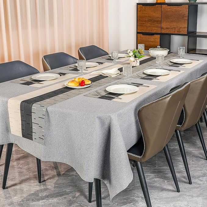 Placemats Set of 6, Vinyl Woven Place Mats Indoor Set of 6 Washable Wipeable PVC Table Mats Heat-Resistant Non Slip Plastic Placemat for Kitchen Dining Outdoor Table (Beige Black, Set of 6)