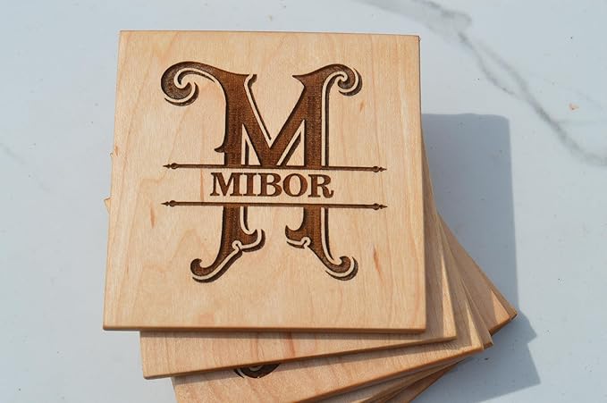 Personalized Wooden Coasters with Monogram, Wedding Date Engraved, Family Name- Choice of Wood (Name Inside Initial)
