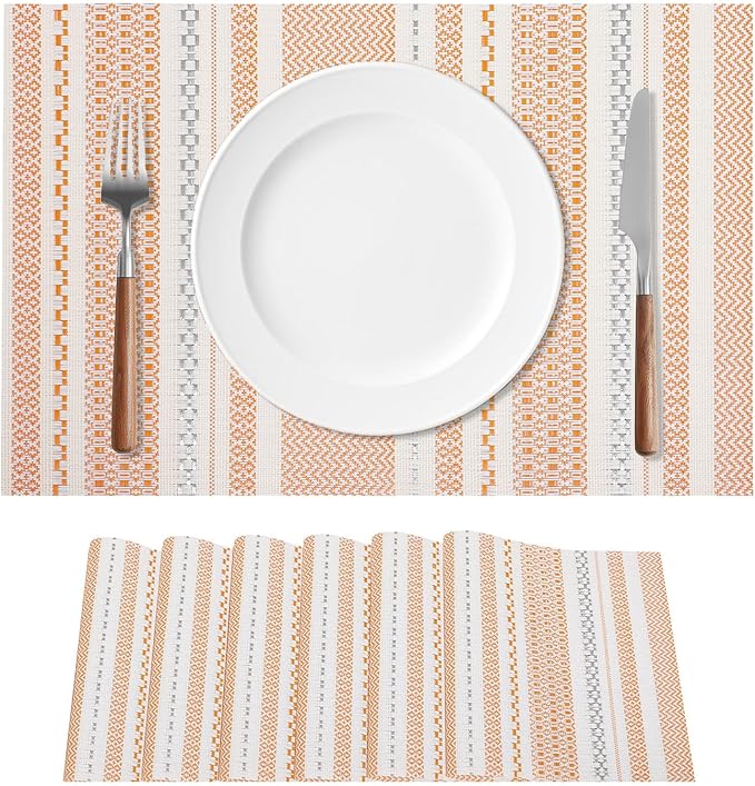 FAVE Boho Vinyl Placemats Set of 4, Durable Woven Place Mats Washable Heat Resistant PVC Table Mats for Parties,Weddings, Dining,Banquet(Orange, 4PCS)