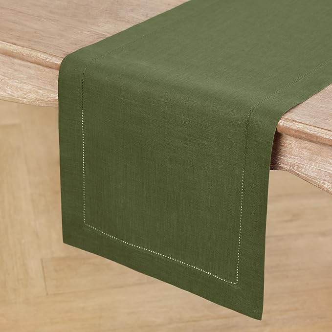 Solino Home Linen Olive Table Runner 144 Inches Long - 100% Pure Linen Extra Long Table Runner 14 x 144 Inch for St Patricks Day - Classic Hemstitch