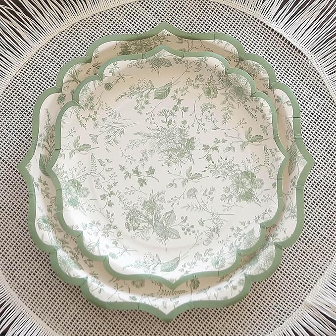 50 Pack 10" Sage Green Dinner Plates in French Toile Floral Pattern, Disposable Round Paper Party Plates 300 GSM for Festive Table Decoration