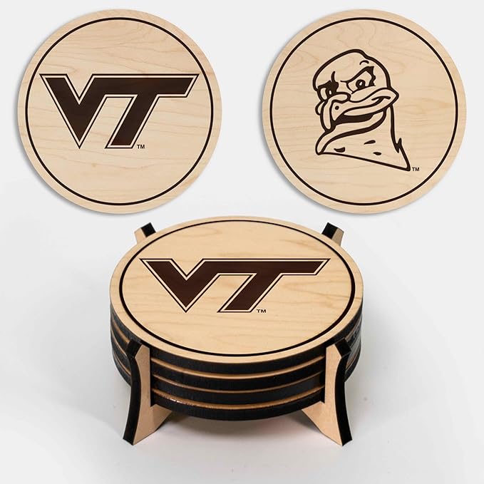 LazerEdge Virginia Tech Hokies Wooden Coaster Set - Maple Wood - Officially Licensed Product - 4-Pack