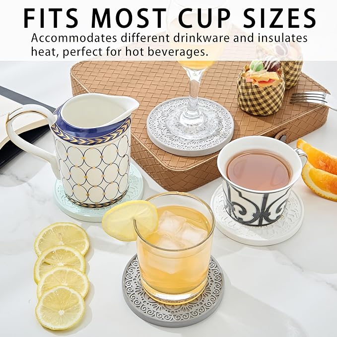 Absorbent Stone Coasters Set of 4 – Edged, Grooved, Quick-Drying Natural Diatomaceous Earth - Decor Drink Coaster for Tabletop Protection - Thirsty Stone Round 4 Inches in 4 Colors – Gift