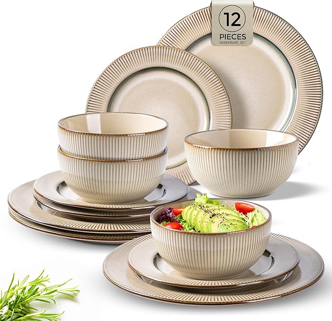 GBHOME Ceramic Dinnerware Sets,12 pcs Embossed Elegant Stoneware Plates and Bowls Sets, Housewarming Wedding Gift | Dishwasher & Microwave Safe | Dishes Set Service for 4