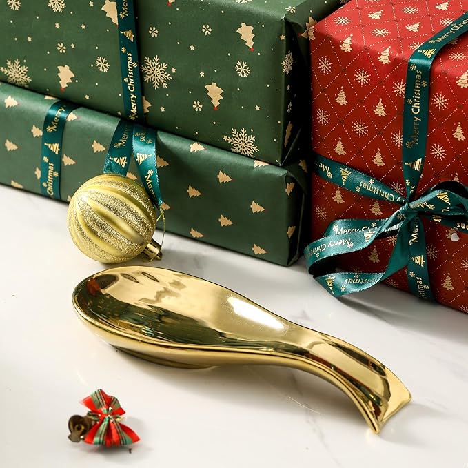 Ceramic Spoon Rest for Stove Top,Large 8.7 Inch Spoon Holder for Kitchen Counter,Porcelain Utensil Rest for Thankgiving and Christmas Gift,Dishwasher Safe and Heat-Resistant,Gold(1 PC)
