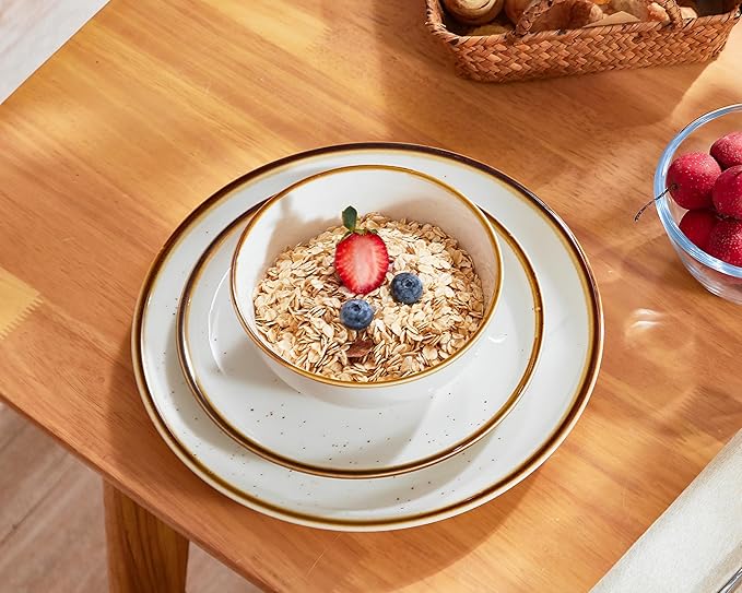 ONEMORE Ceramic Bowl Set of 6, 24 oz Soup Bowl Cereal Bowls with Brown Rim, Serving Bowls for Salad Snack Fruit Rice- Microwave Dishwasher and Oven Safe, Scratch Resistant - Cream White