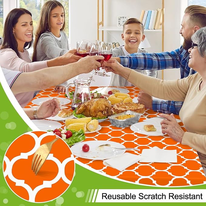 Smiry Round Plastic Table Cloth, Waterproof Vinyl Tablecloth with Flannel Backing for Round Tables, Wipeable & Spillproof for Dining, Camping, Indoor and Outdoor (60" Round, Bright Orange)