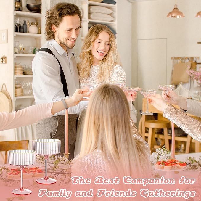 XUWAIDSGN 24 Pcs Champagne Martini Glasses 9 Oz with Gilded Removable Gold Rim Coupe Glasses Pink Martini Glasses Plastic Mimosa Vintage Coupe Glasses Set For Wedding Anniversary (24, Ribbed Pink)