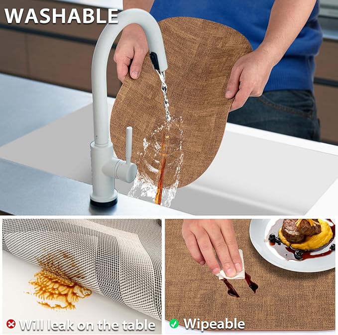 Placemats Set of 8 - Washable Heat Resistant Table Placemats - Wipeable Faux Leather Oval Place Mats, Waterproof Table Mats for Dining Table, Brown