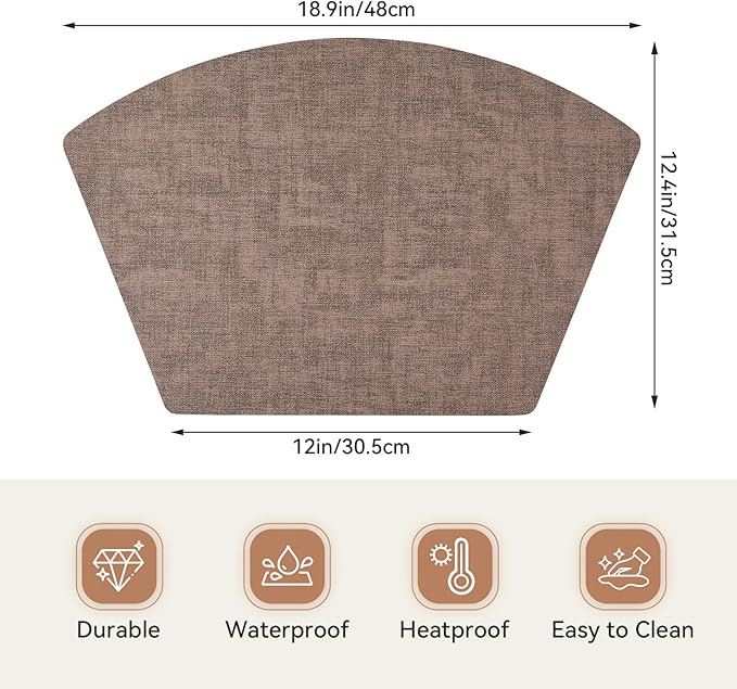 Round Table Placemats Set of 6, Faux Leather Wedge Shape Place Mats Heat Resistant Wipeable Washable Table Mats for Dining Outdoor Indoor, Brown