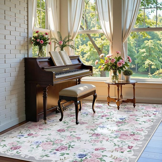Lahome Vintage Floral 8x10 Rugs for Living Room,Large Boho Washable Rugs,Low Pile Bedroom Rug 8x10 Under Bed Carpet for Nursery Playroom Dining Room (Purple/Grey)