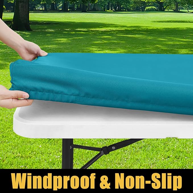 Smiry Rectangle Picnic Table Cloth, Waterproof Elastic Fitted Tablecloths for 8 Foot Tables, Washable Polyester Table Cover for Camping, Indoor and Outdoor (Teal, 36"x96")