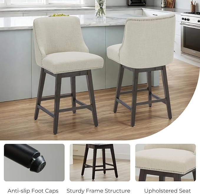 CHITA Counter Height Swivel Bar Stools Set of 2, FSC Certified Upholstered Counter Stools, Modern Swivel Barstools with Wood Legs for Kitchen Island, 26" Seat Height, Fabric in Linen