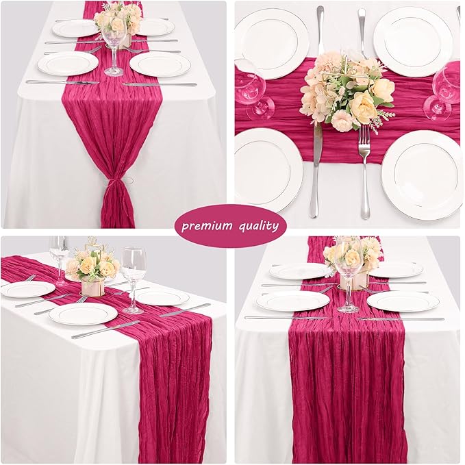 12 Pack Boho Gauze Table Runner - 35x120 Inch Rustic Cheese Cloth Long Runner for Wedding, Bridal Shower, Birthday Party Decor (Hot Pink)