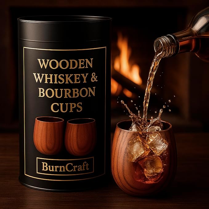 Charred Wooden Bourbon Whiskey Drinking Glasses – Oak Whiskey Tumbler Set of 2 | Bourbon Gifts for Men, Husband, Dad or Brother | Unique Wooden Whiskey Cups (10 oz) | Premium Bourbon Gift Set