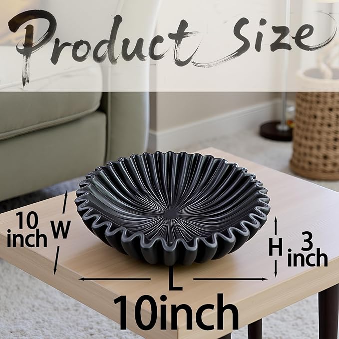 10" Large Decorative Bowl decor, Scalloped Bowls for Modern Home Decor,Ruffle Decor,Stylish Key Bowl for Entry Table,Decorative Fruit Bowl for Kitchen Counter,Black