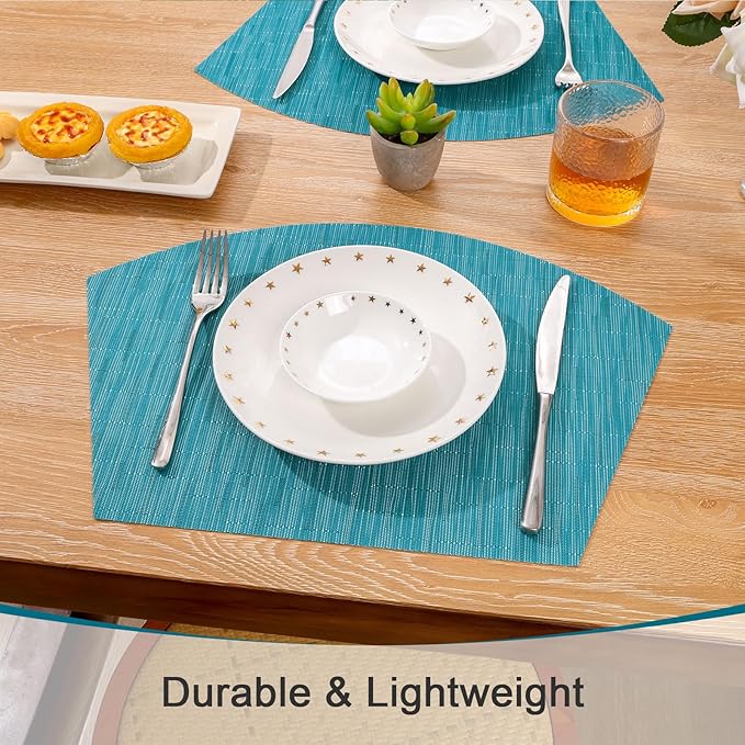 SHACOS Wedge Shape Placemats Set of 4 Round Table Placemats Heat Resistant Woven Vinyl PVC Table Mats Indoor Outdoor Wipe Clean (4, Teal Blue)
