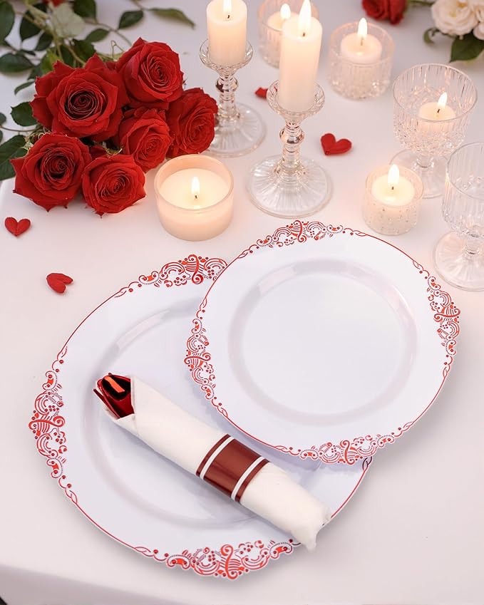 Nervure 100Pcs White and Red Plastic Plates - Heavyweight Red Disposable Plates - Plastic Plate Include 50Pcs 10.25inch Dinner Plate & 50Pcs 7.5inch Dessert Plate for Wedding & Party