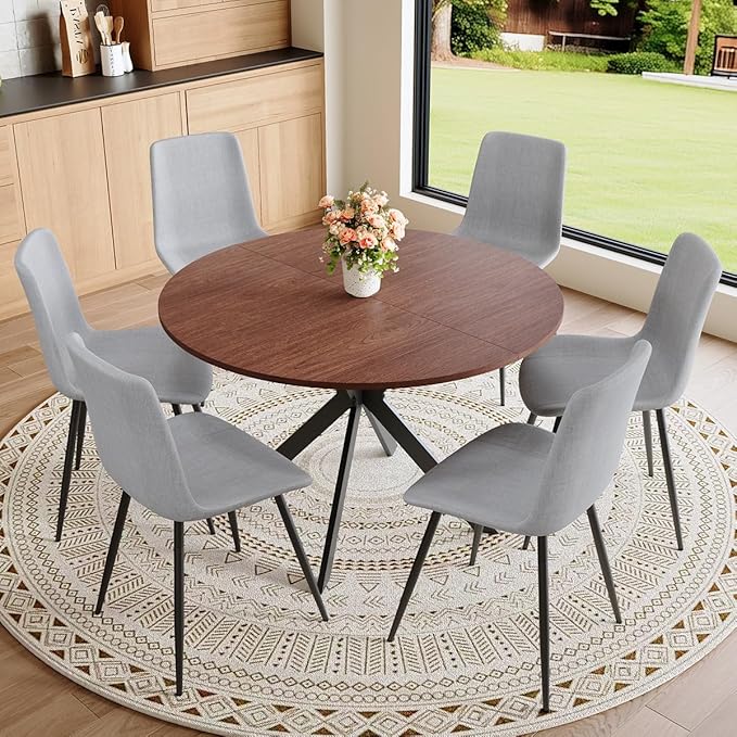 Round Dining Table Set for 6｜42"-54" Extendable Dining Room Table Set｜Wooden Kitchen Table with 6 Chairs｜Mid Century Modern Dinner Table Set with Cross Legs｜Easy Assembly｜Space Saving