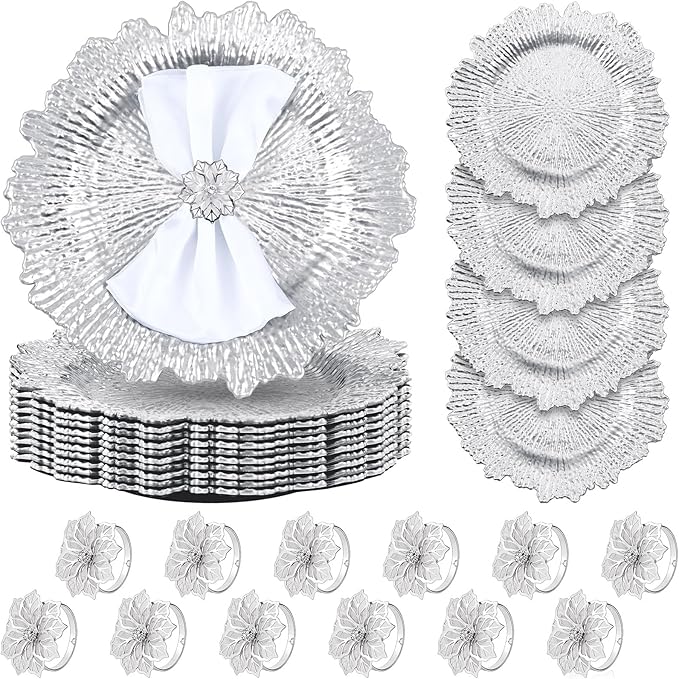 Dandat 24 Pcs Charger Plate Bulk 13'' Floral Reef Plates with Napkin Ring Plastic Dinner Charger Hollow Out Flower Napkin Holder Plastic Plate for Table Setting Wedding Party (Silver)