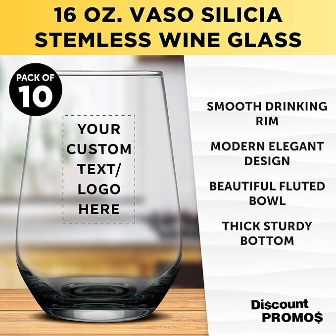 DISCOUNT PROMOS 10 Vaso Silicia Stemless Wine Glasses Set, 16 oz. - Personalized Text, Logo - Clear, Orb-Like, Thick base - Black