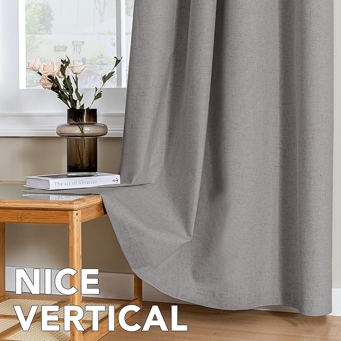 H.VERSAILTEX Linen Curtains 100% Blackout Curtains for Bedroom 96 inch Long Full Light Blocking Nature Linen Blended Window Curtains for Living Room Nickel Grommet (2 Panels, Heathered Dove)