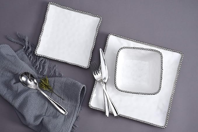 Pampa Bay Set The Table Square Cereal/Soup Bowl, 6 × 6 × 2.75 in, White and Silver