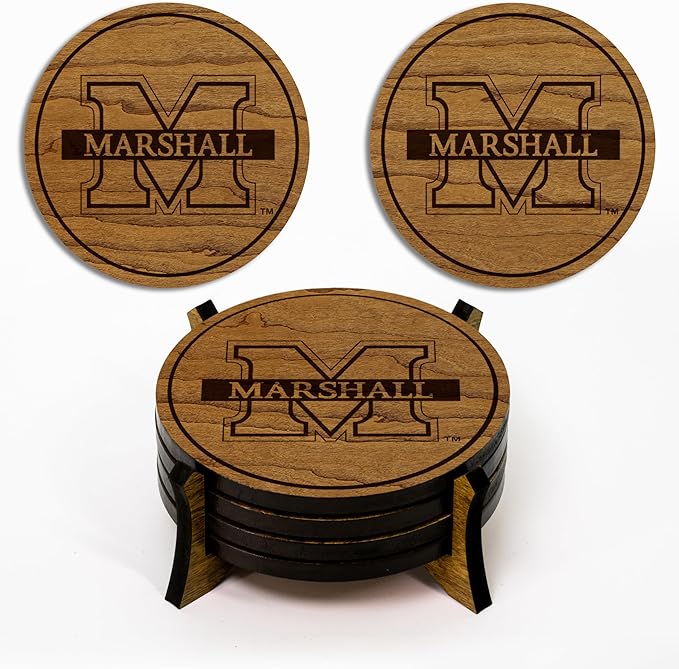 LazerEdge Marshall Thundering Herd Wooden Coaster Set - Cherry Wood - Officially Licensed Product - 4-Pack