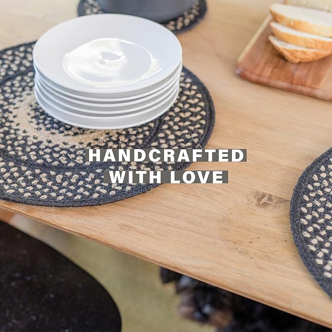 Homespice Manchester Jute Woven Round Placemats Set of 6, 15", Country Primitive Decor, Black and Tan Table Mats - Vibrant Colors, Durable, Easy to Clean and Protects Furniture