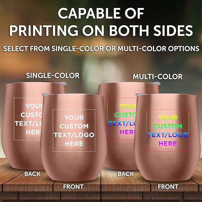 Custom Stemless Wine Glass Tumblers with Lids by Largo 11 oz. Set of 6, Personalized Bulk Pack - Perfect for Wine, Cocktails, Other Hot & Cold Beverages - Rose Gold