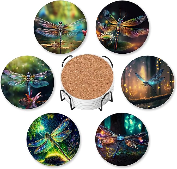 6 Pcs Drink Coasters with Holder,Fantastic Dragonfly Forest Absorbent Round Ceramic Coaster for Tabletop Protection,for Coffee Cup Beverage Coasters Wine Beer Bar