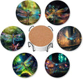 6 Pcs Drink Coasters with Holder,Fantastic Dragonfly Forest Absorbent Round Ceramic Coaster for Tabletop Protection,for Coffee Cup Beverage Coasters Wine Beer Bar