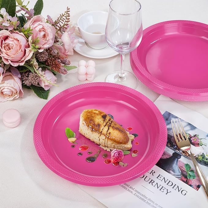 WELLIFE Hot Pink Party Plates 10 Inch -150 Count, Disposable Plastic Dinner Plates for Valentine's Day Girls' Party Easter Mother's Day Birthday Baby Shower Wedding