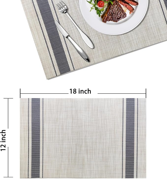 Placemats Set of 4 Vinyl Washable Blue Placemats, 18"x12" Wipeable Heat-Resistant Non-Slip Easy Clean Table Mats Ideal for Dining Table Table Runner and Outdoor (4, Blue Wide Stripe)