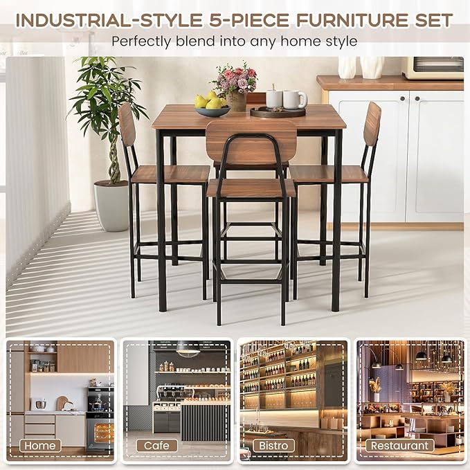 Giantex 5-Piece Dining Table Set W/Counter Height Table & 4 Bar Stools, Industrial Kitchen Dining Table Set W/Footrest & Backrest, Space-Saving Dinette Set for Pub, Dining Room, Restaurant (Teak)