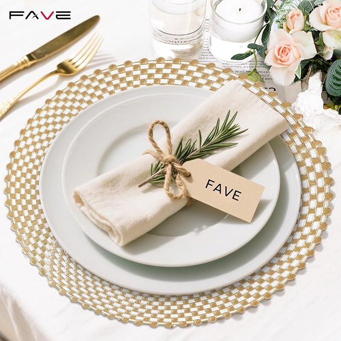 FAVE Set of 6 Gold Vinyl Round Placemats, Washable Spiral Hollow Out for Dining, Events, Home Decor & Daily Use (15 Inch)