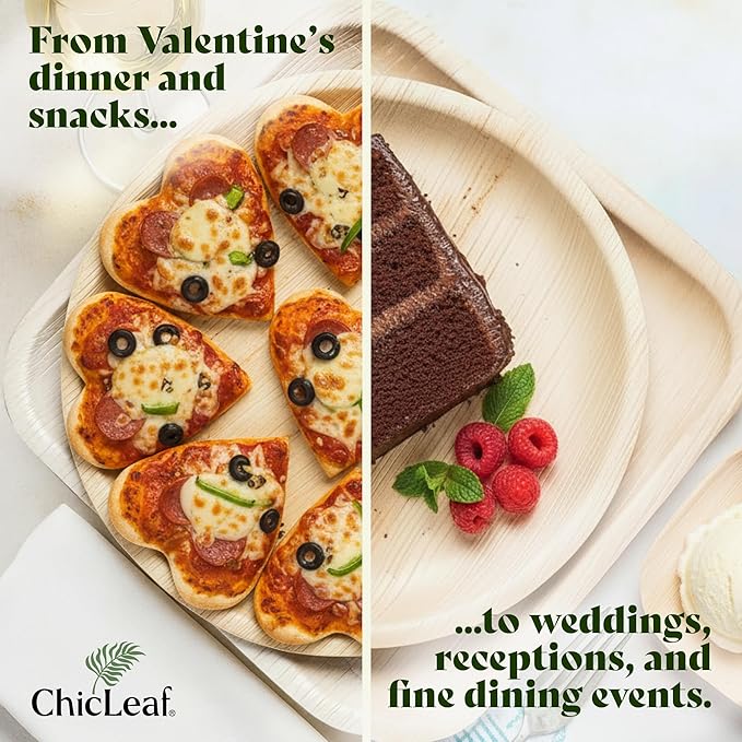 Chic Leaf Palm Leaf Plates - 10" Round - 50 Pack of 100% Compostable & Disposable Bamboo Style Plates - Heavy Duty, Sturdy Paper Alternative for Wedding Desserts, Events & Romantic Gourmet Catering