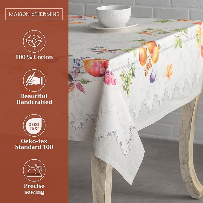 Maison d' Hermine Table Cloth Rectangle Table 100% Cotton 60 x 108 Inches Fall Tablecloth Reusable Everyday Use for Thanksgiving Christmas Decorations Dining Farmhouse Party (Fruit D'Hiver)