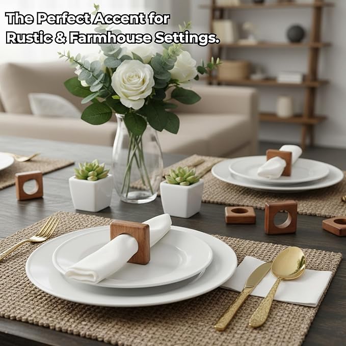 CLEENTABLE Wooden Napkin Rings Set of 12 Fall Decor for Home Square Acacia Wood Napkin Holders for Dining Table Settings Wood Napkin Ring Rustic Table Décor for Weddings, Parties, and Everyday Use