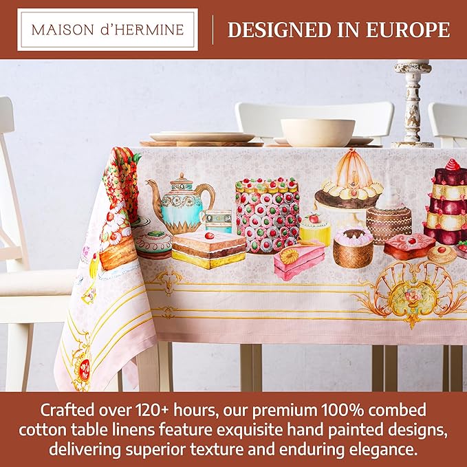 Maison d' Hermine Premium Table Cloth Rectangle Table 100% Combed Cotton 90 x 70 Inches Tablecloth Reusable Decorative for Dining Room, Farmhouse, Home, Party, Festive & Wedding - Pastries