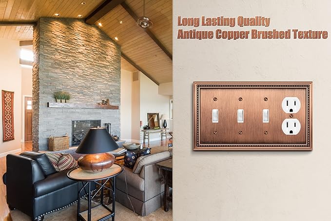 Henne Bery Sunken Pearls Heavy Duty Decorative Wall Plate Switch Plate Outlet Cover (Triple Toggle/Single Duplex, Antique Copper)