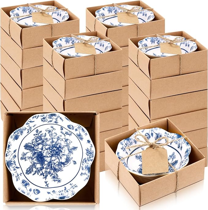 24 Pcs Wedding Favors for Guests Small Ceramic Bowl Bulk Gifts Set 3.3 Inch Floral Design Mini Dipping Sauce Dish with Card Box for Bridal Pooja Baby Shower Birthday Guest Gift (Blue)