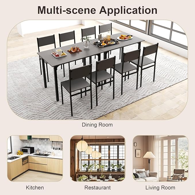 COSTWAY Dining Table Set for 4, Rectangular Kitchen Table and Chairs Set with Backrest, Metal Frame, Space-Saving Dinette Set, Breakfast Nook Table Set for Small Space, Apartment, Dorm (Grey)