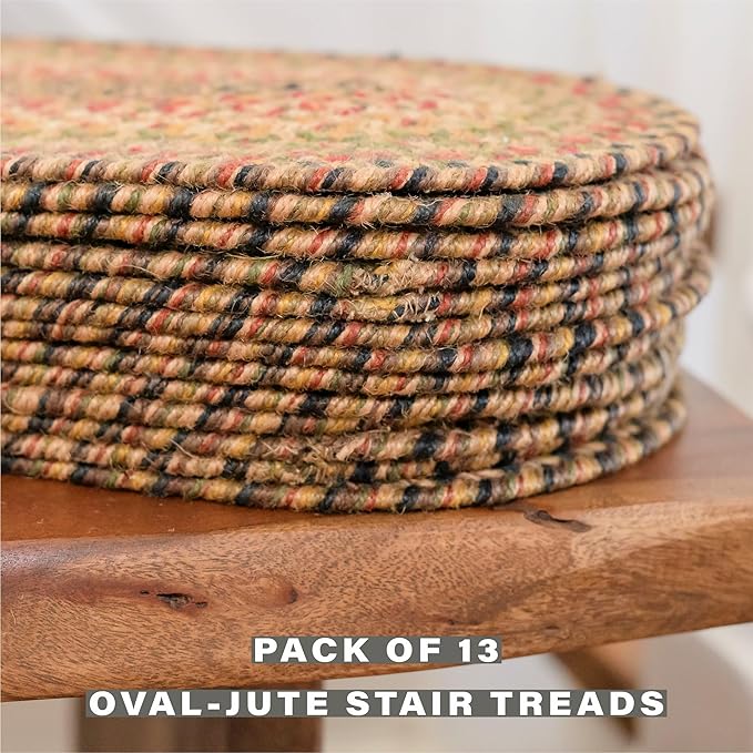 Homespice Kingston Jute Braided Staircase Step Treads, Warm Country Decor, Set of 13, Multicolor 8x28 Oval Rugs for Stairs - Easy to Clean, Tightly Stitched and Durable