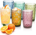Topsky Highball Drinking Glasses Set of 6,12 oz Colored Glassware with Geometric Diamond Pattern,Embossed Diamond Tumblers,Blue Vintage Glassware Set for Beer,Juice,Cocktail