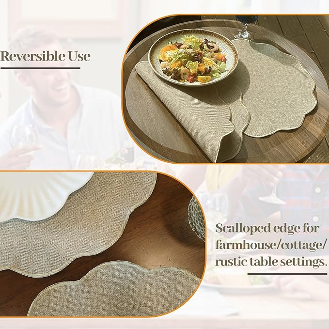 AHHFSMEI Round Faux Linen Placemats Set of 4 Waterproof Table Mats Heat Resistant Non-Slip and Stain Proof for Kitchen Dining Elegant Decor (Linen Beige,4)